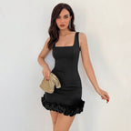 Delivery Women Dress Solid Color Elegant Lady Sleeveless Ruffled Design Sheath Dress Yiskiss
