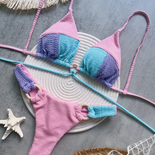 Bikini de nailon con costuras de tejido acanalado, color liso, sexy, sin espalda, dividido