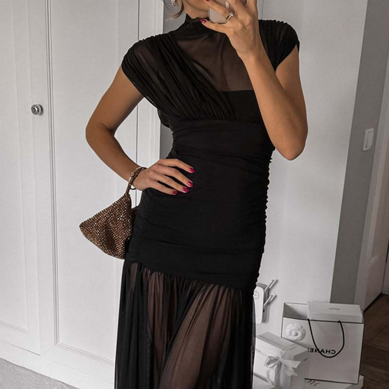 Robe maxi sexy mondaine à taille cintrée, coutures ajustées, effet vaporeux et hanches apparentes pour femme