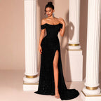 Strapless Black Evening Dress Sequined Slim Fit Slimming Fishtail Bridal Toast Dress Cocktail Evening Dress Ladys