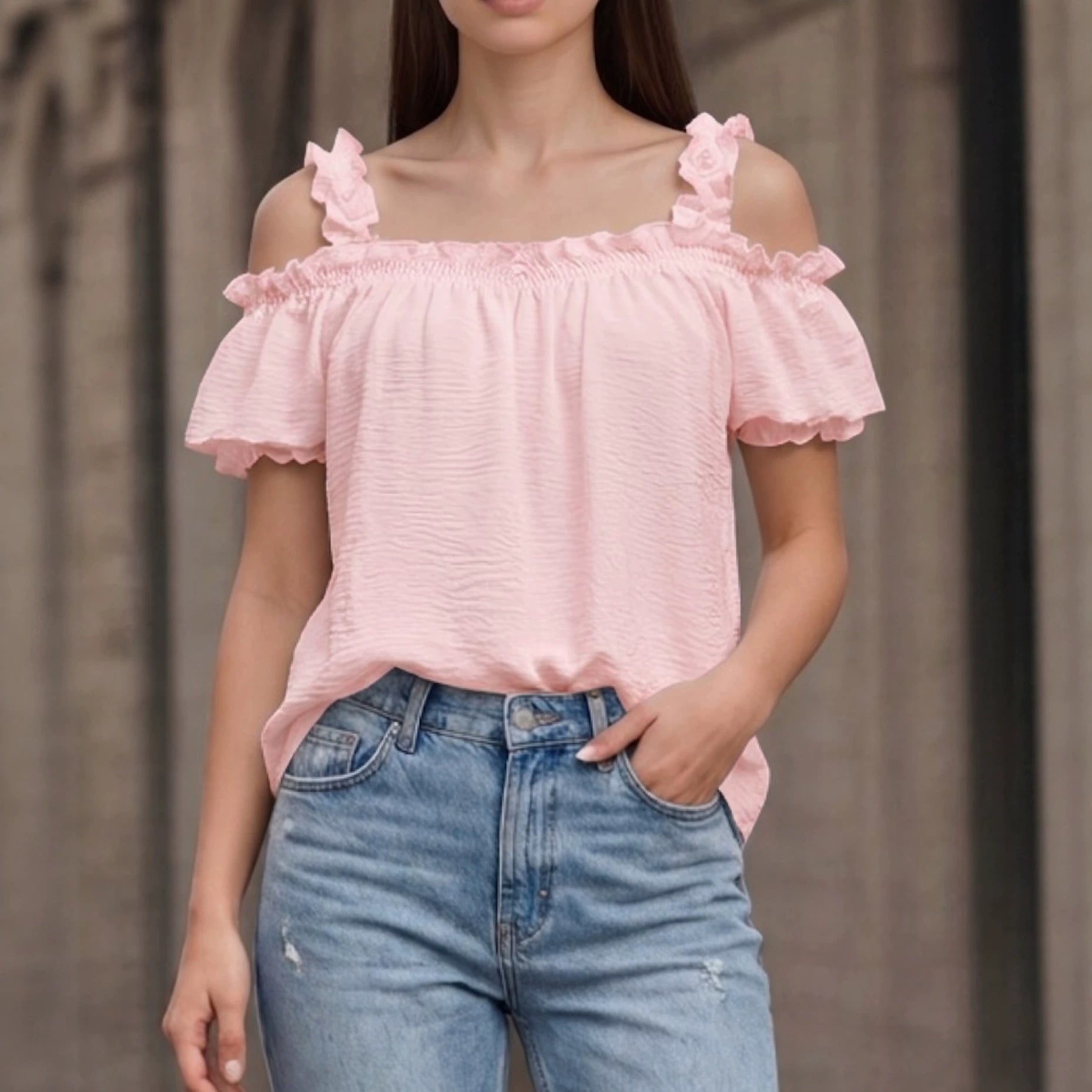 All Match Solid Color V neck Ruffled off the Shoulder Casual Sling Top AXE
