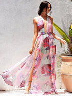 Spring Summer Women Sexy Suspenders Deep V Plunge Floral Shape Printing Slip Dress RMAI