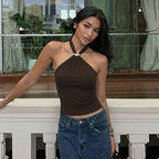 Débardeur bustier uni sexy dos nu à lacets ajustables, style français, idéal pour le printemps.
