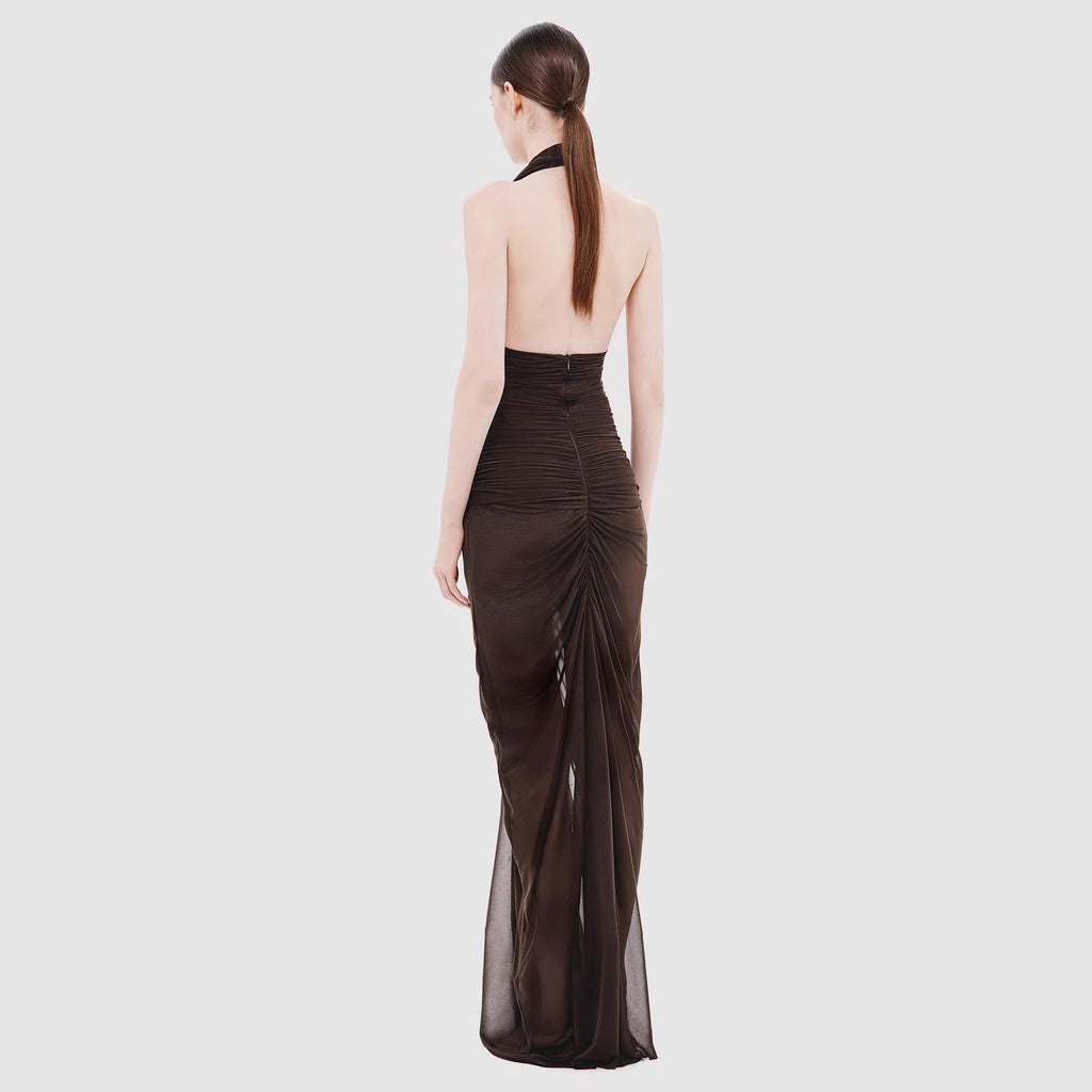 Women Clothing Sexy V neck Slim Fit Pleated Hip Backless Halter Dress Sight