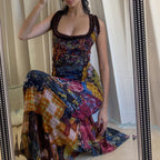 Women Clothing Summer Retro Tie Dyed Printed Sexy U Collar Slim Dress Maxi Dress Burgatti