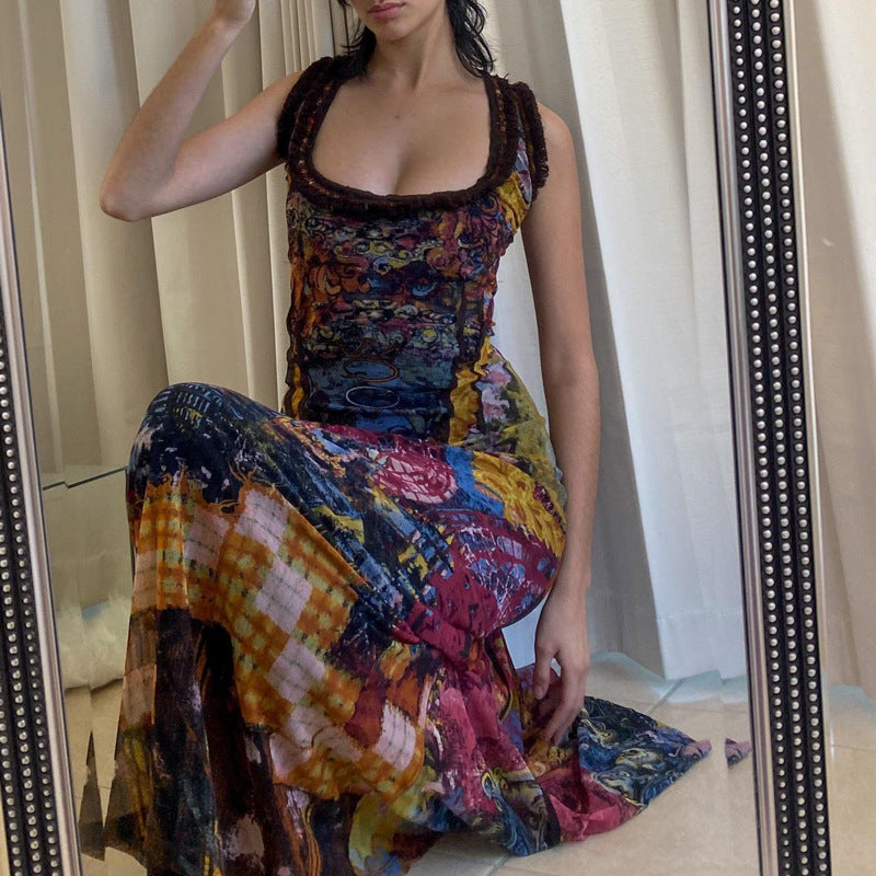 Women Clothing Summer Retro Tie Dyed Printed Sexy U Collar Slim Dress Maxi Dress Burgatti
