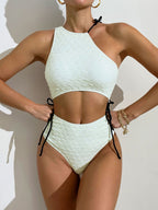 Traje de baño para mujer, color sólido, sexy, ajustado, con cordones, traje de baño corto, traje de baño de una pieza duradero y texturizado