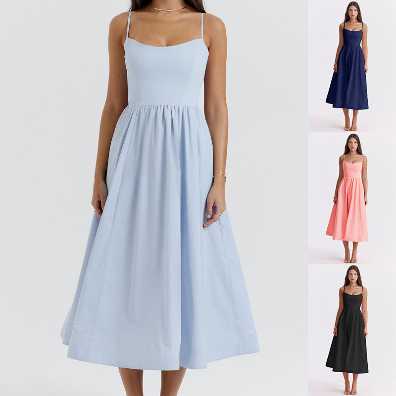 Robe trapèze sexy dos nu à bretelles spaghetti pour femme, couleur unie, grande taille