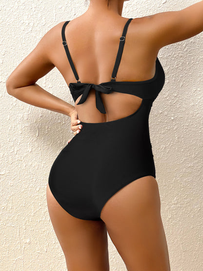 Solid Color Hollow Out Cutout Siamese High Waist Sexy Lace-up Bikini Swimsuit Women Crisscross