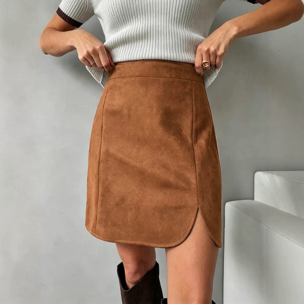 Autumn Winter Women Clothing Suede Skirt High Waist Zipper Solid Color Sheath Split Skirt BRINGITON