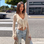 Women Clothing Summer Pure Sexy V neck Lace See through Flare Sleeve T shirt Top Flash Vision