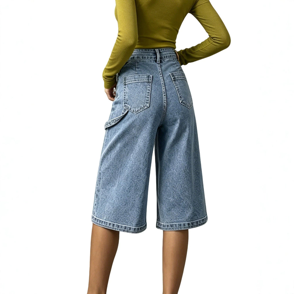 Summer Three Quarter Length Wide Leg Denim High Waist Loose Trendy All Matching Straight Women Jeans Shocen