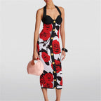 Robe bandage en tricot jacquard rose classique, robe sexy dos nu extensible à boucle dorée