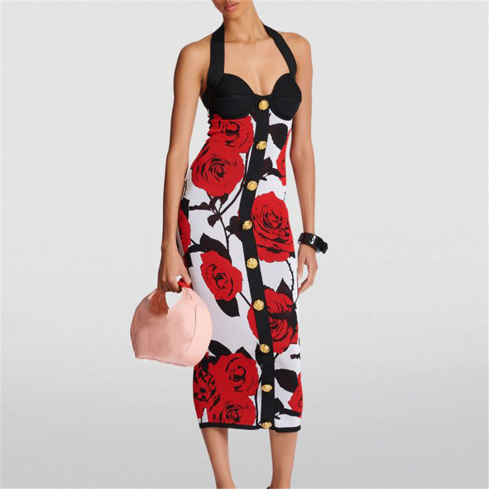 Robe bandage en tricot jacquard rose classique, robe sexy dos nu extensible à boucle dorée