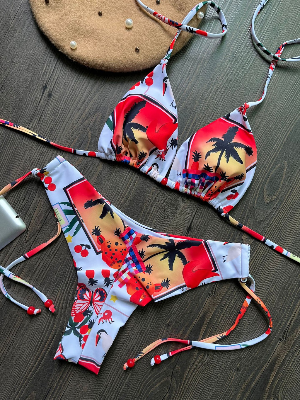 Traje de baño para mujer, bikini triangular estampado con cordones, bikini de tres puntos.