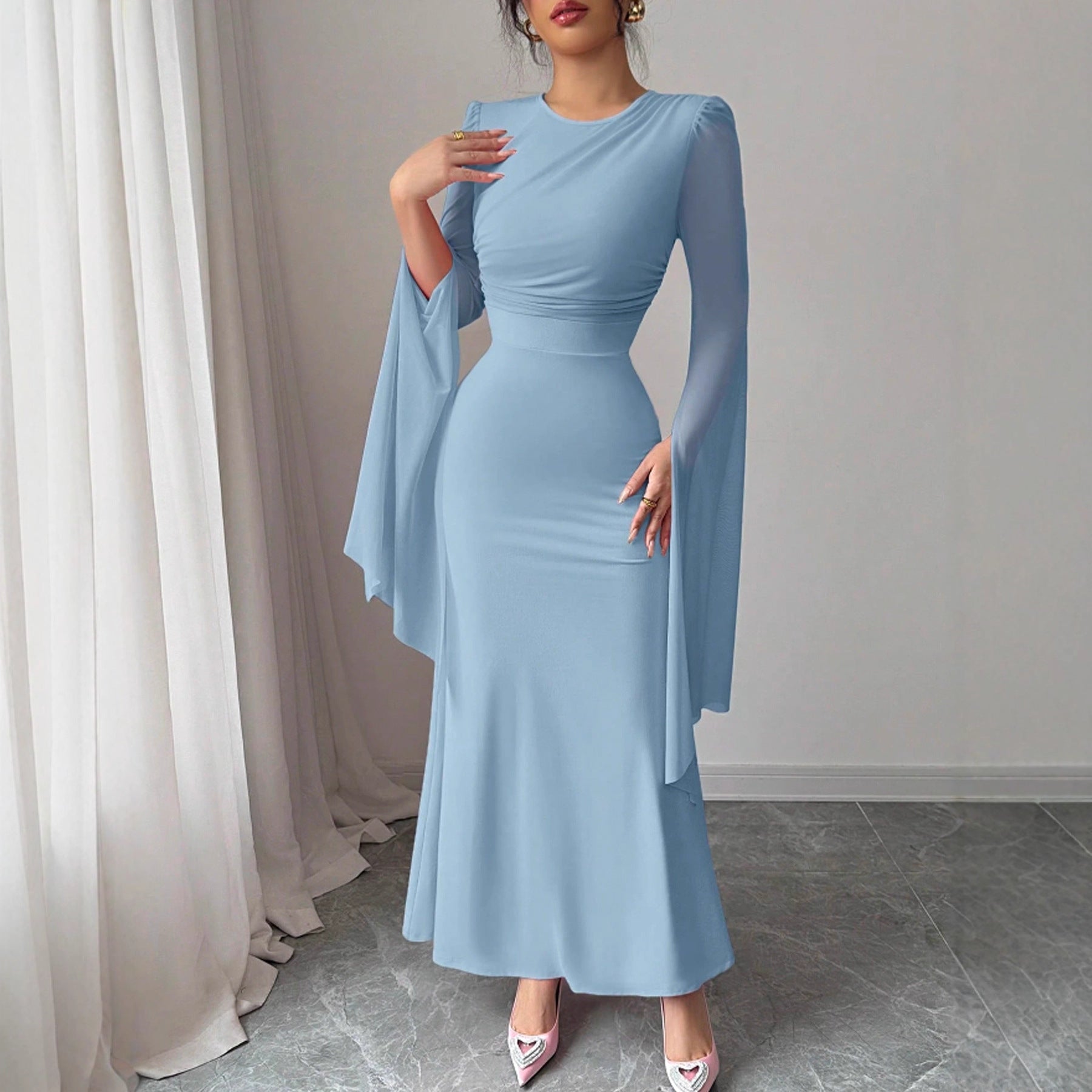 Vestido de cola de pez ajustado y sexy con mangas largas y malla con costuras de primavera