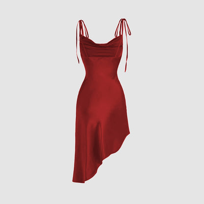 Popular Satin Sling Swing Collar Waist Tight Flab Hiding Design Irregular Asymmetric Hem Dress