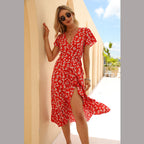 Summer Sexy Chiffon Printed V-neck Dress Ruffled Beach Dress Swintager