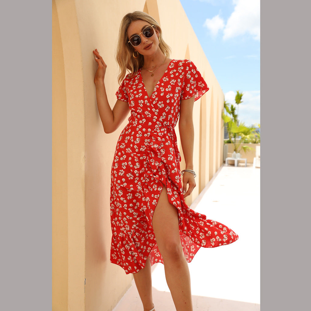 Summer Sexy Chiffon Printed V-neck Dress Ruffled Beach Dress Swintager