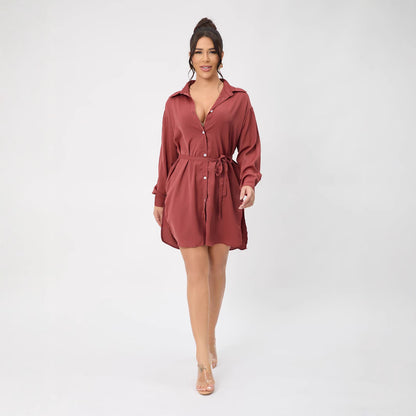 Conjunto de dos piezas formado por camisa y pantalón corto, para mujer, informal, de manga larga, con cuello y cinturón, para primavera