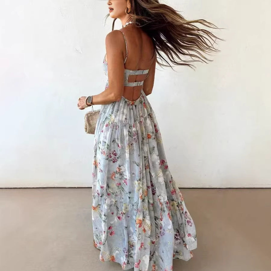 Bohemian Sling Floral Large Swing Dress Summer Chiffon Vacation Loose Flowy Dress Gemi
