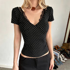 Summer Sexy Slim Fit All Match V Collar Polka Dot T shirt Lace Stitching Underwear Two Piece Sets LingSharp