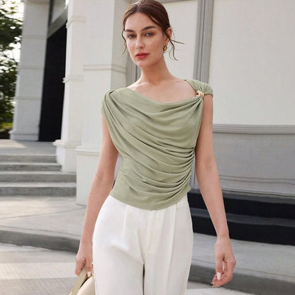 Ropa de verano para mujer, color sólido, personalidad sencilla, cuello diagonal, sin mangas, ceñido, jersey adelgazante para mujer