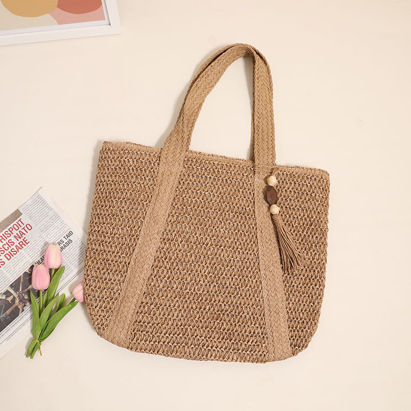 Bolso tejido de color liso para mujer, bolso de paja de gran capacidad para el hombro, bolso de playa para vacaciones, bolso para mujer 
