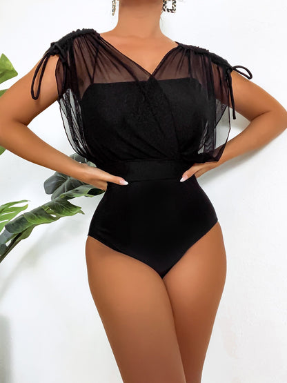 Top sexy de malla de cintura alta de una pieza de color sólido con cuello en V