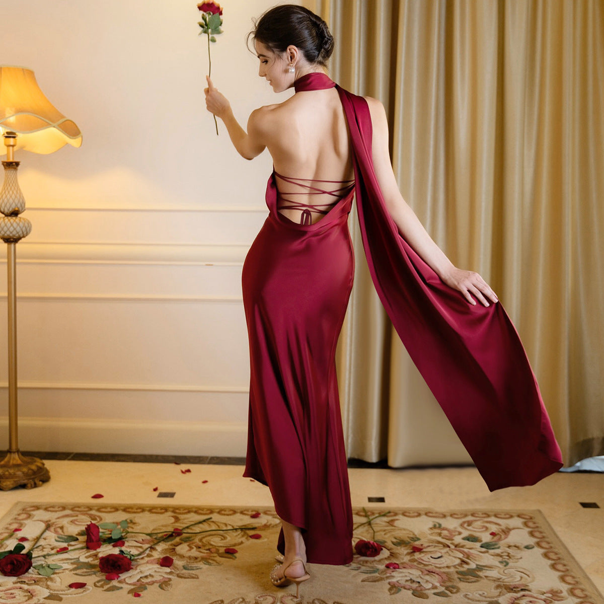 Women Spring Summer Sexy Backless Lace up Halter Ribbon Dress BULLINGER