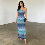 Seaside Vacation Dress Single Side Shoulder Sleeveless Striped Slim Slimming High Waist Dress Ory