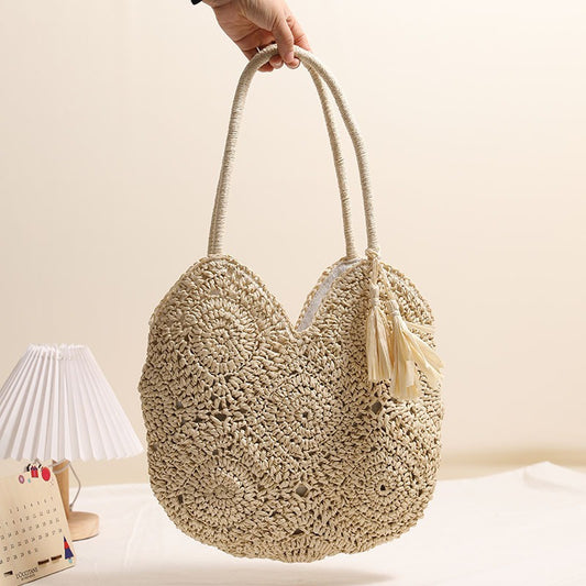 Bolso de paja con borlas y aberturas para mujer, bolso de hombro tejido de gran capacidad, bolso de playa para vacaciones 