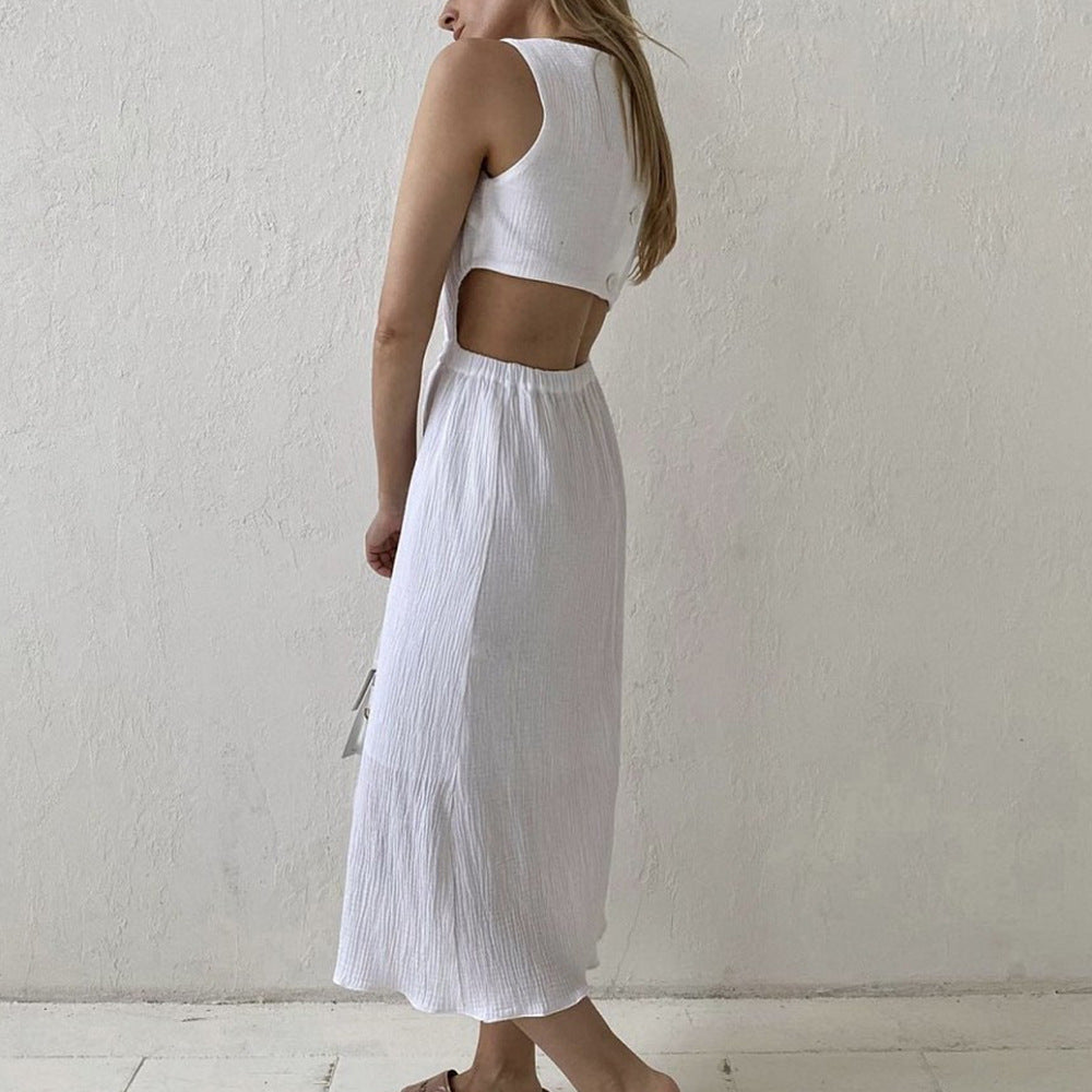 Double Layer Zou Cloth Dress Summer Casual Back Single Breasted Cropped Outfit Design Vest BlueLine