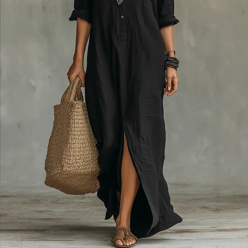 Women Elegant Button Collared Slit Elegant Dress Venly