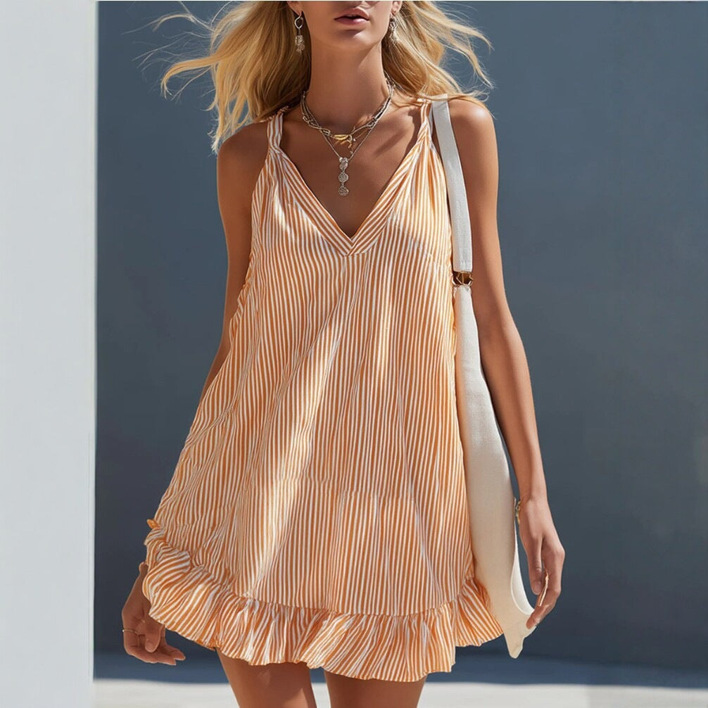 Summer Ruffled Sleeveless V neck Sling Mini Dress Holiday Eping