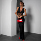 Summer Elegant Black Sexy Backless Lace Stitching Halter Sleeveless Dress for Women FOREVEREIGHTEEN