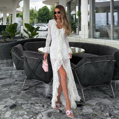 Women Clothing Autumn Sexy Hollow Out Cutout out Solid Color Stringy Selvedge Irregular Asymmetric Bell Sleeve Dress