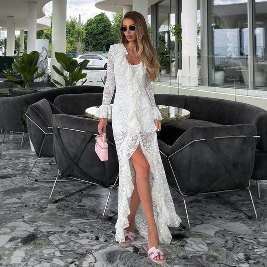Women Clothing Autumn Sexy Hollow Out Cutout out Solid Color Stringy Selvedge Irregular Asymmetric Bell Sleeve Dress