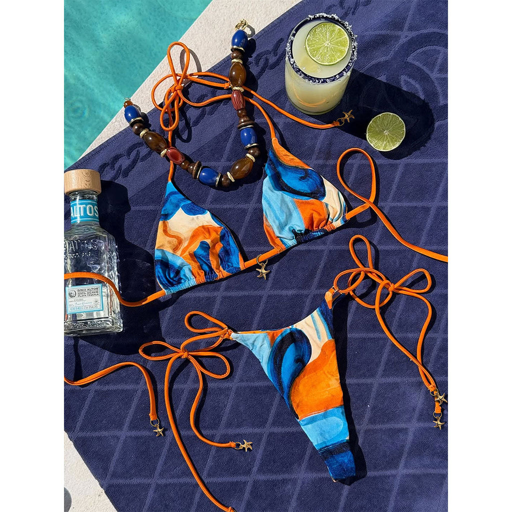 Color Printed Three Point T Shaped Bikini Sexy Backless Lace up Split Swimsuit Women Thunder
