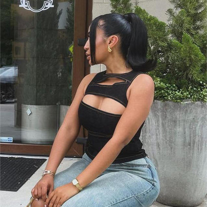 Summer Women Clothing Sexy Cutout Imitation Denim Vest Top for Women FREYA