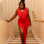 Women Clothing Solid Color Pleated Slimming Side Slit Hip Dress Swing Collar Sleeveless Long Trendy Dress Kinci