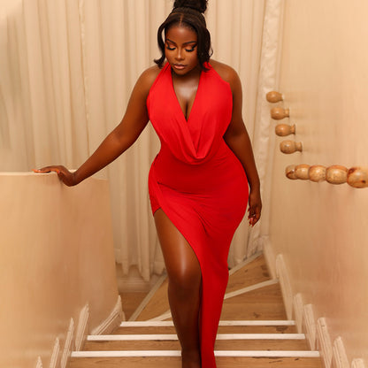 Women Clothing Solid Color Pleated Slimming Side Slit Hip Dress Swing Collar Sleeveless Long Trendy Dress Kinci