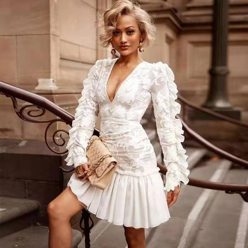 Summer Women Clothing Embroidery Dress Sexy Lace Deep V Plunge Dress SCC