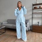 Spring Summer Polo Collar Striped Stitching Lace Three Piece Set Suitable for Daily Wear Home Wear Meiyas