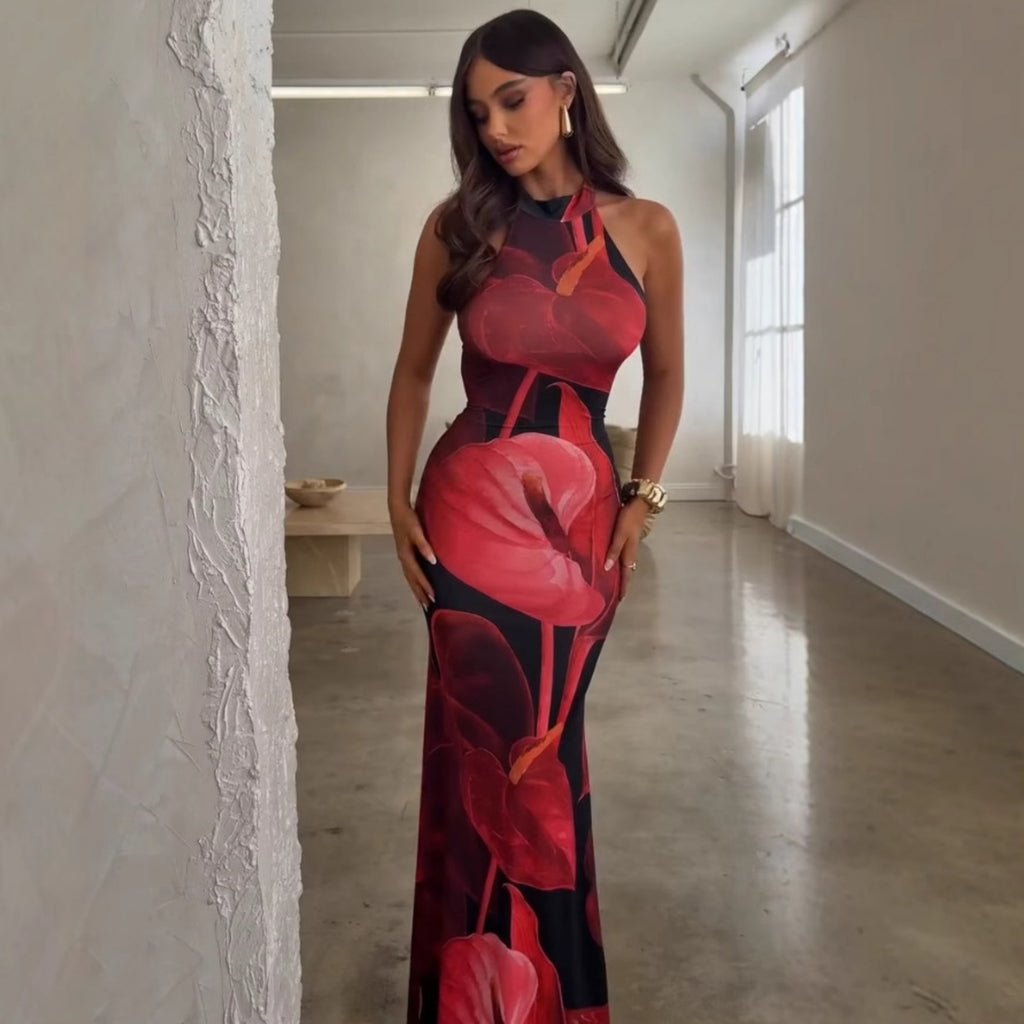 Vestido ajustado de cintura ajustada con espalda descubierta y estampado sexy para mujer de verano