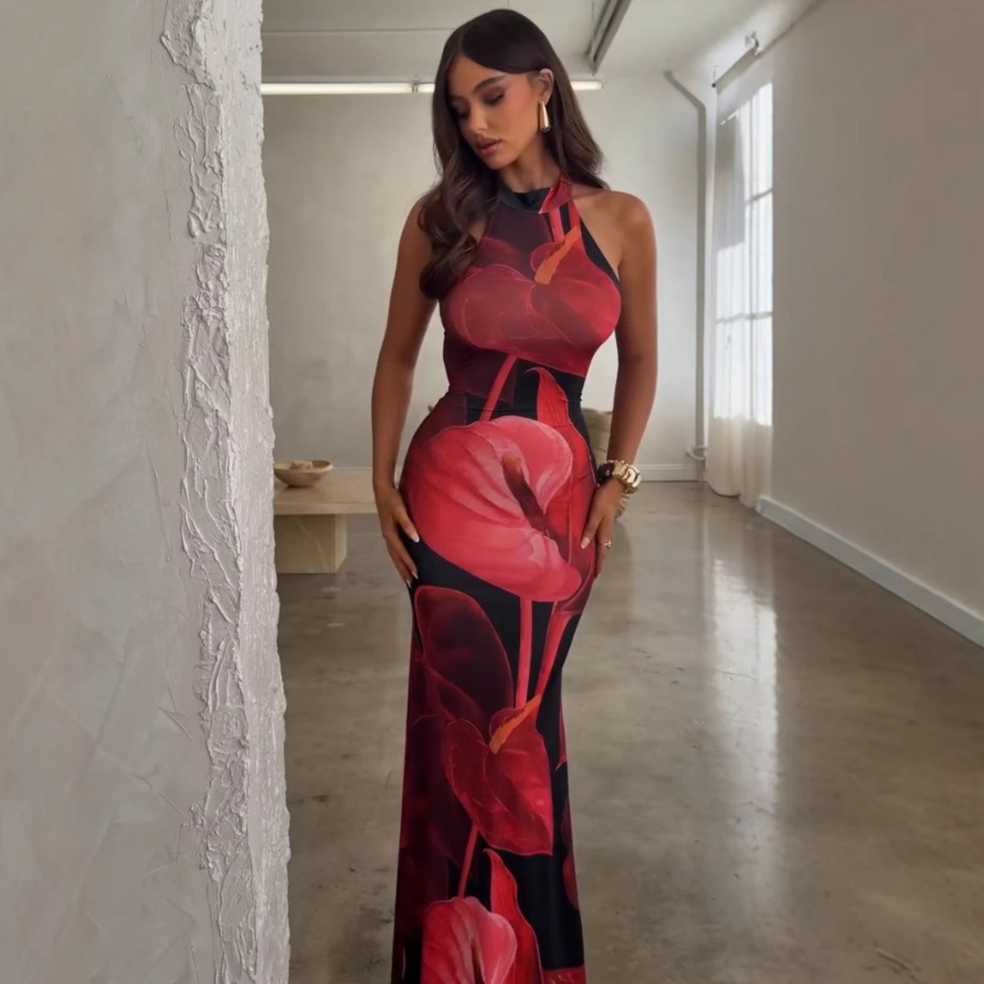 Vestido ajustado de cintura ajustada con espalda descubierta y estampado sexy para mujer de verano