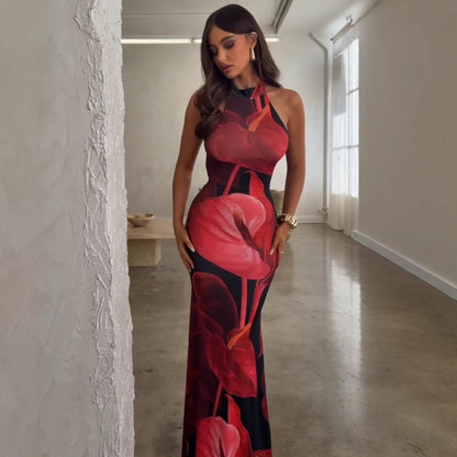 Summer Women Clothing Sexy Print Backless Slim Fit Tight Waist Hip Bag Dress