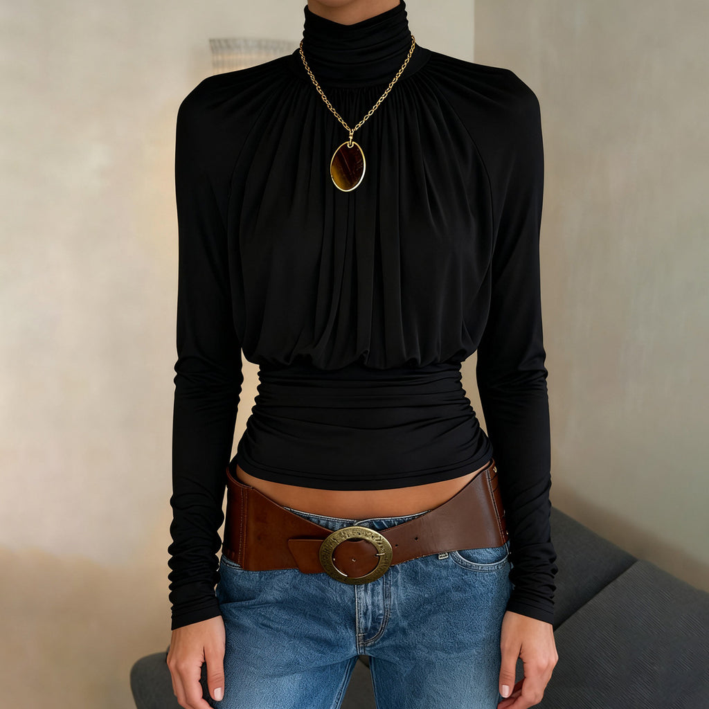 Camiseta negra oscura sexy con cuello alto y manga larga informal de cintura corta con control de adelgazamiento para mujer de otoño