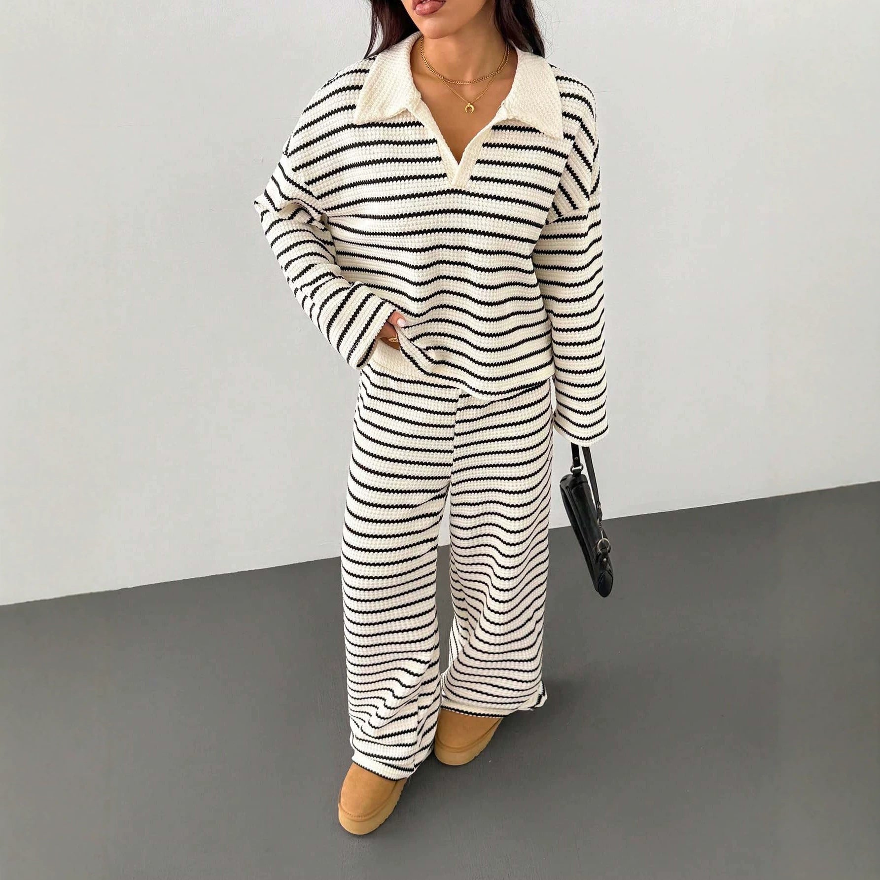 Striped Knitted Contrast Color Lapels V neck Long Sleeved Top Casual Two Piece Sets AXE