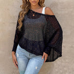 Women Clothing Sequined Blouse Batwing Sleeve Irregular Asymmetric Beach Overclothes Outer Pullover Top Oyimi